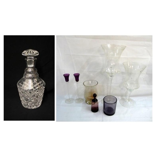 1674 - Circular Based Cut Crystal Decanter & Tall Stemmed Table Centres, flower vases approx. 25cm, 40cm, p... 