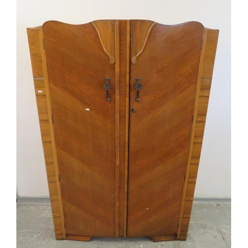 101 - 2 Door 1930s Walnut Veneered Wardrobe, Art Deco style approx. 122cm W x 190cm H x 50cm D, with key (... 