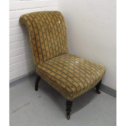 107 - Mustard Floral & Blue Striped Upholstered Nursing Chair with scroll back, front castored supports ap... 