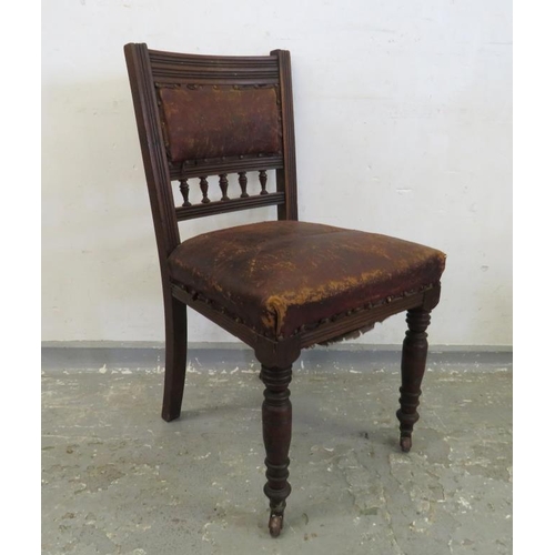 61 - Single Victorian Overstuffed Seated Side Chair with vase turned central splat on castored supports