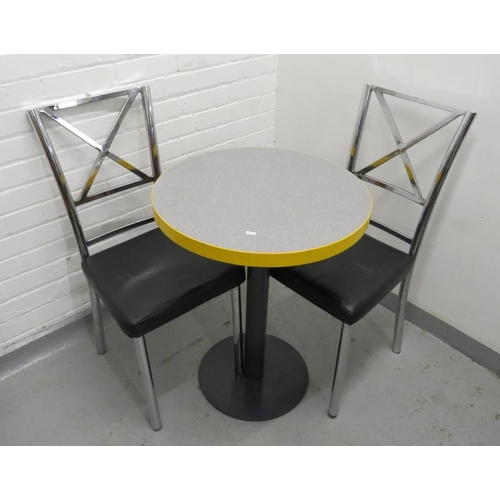 81 - Circular Breakfast Table on disc base, yellow & grey melamine top with 2 chrome seats, black vinyl s... 
