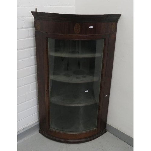 96 - Glazed Bow Fronted Georgian Hanging Corner Cabinet with bow fronted wooden shelves, cornice, marquet... 