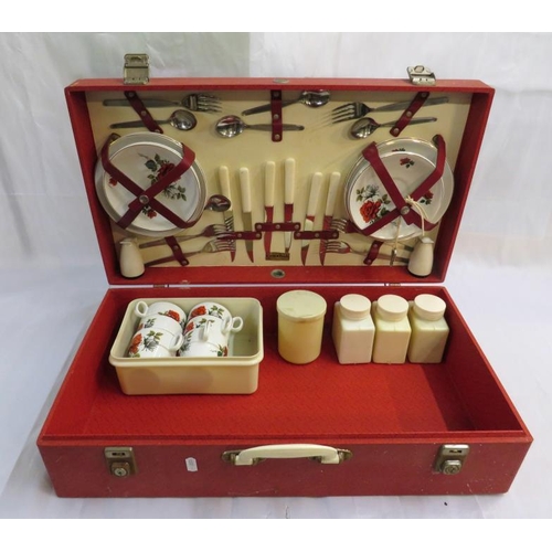 1799 - Red Cased Brexton Picnic Basket with ceramic cups, saucers & plates, cutlery & serving jars for 6, d... 
