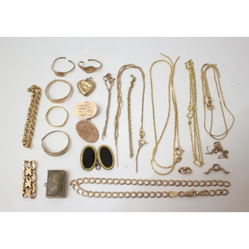 9ct Gold Cufflink, chains A/f, £5 note charm, dented heart pendant etc