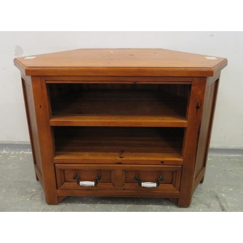 129 - Varnished Pine Corner TV Unit with 2 open shelves, drawer under, inset small tiles (A2/3 B)