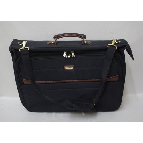 2109 - Blue Fabric with brown leatherette trim shallow suitcase with handle & shoulder strap