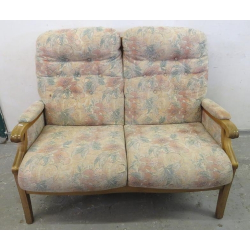 76 - 2 Seater Blonde Wood Floral Upholstered Settee approx. 122cm W x 78cm D & Footstool MATCHING LOT 70 ... 