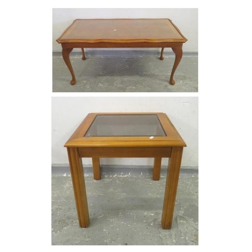 133 - Long John Style Coffee Table with figural carved walnut centre, inset glass top, carved knees approx... 
