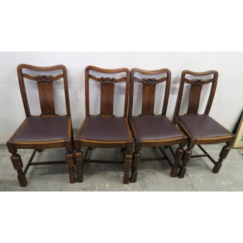 10A - Set of Oak Side Chairs with carved panelled back & curved top rest on X-framed stretcher & front tur... 