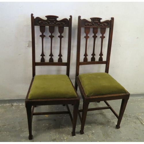 113 - Pair Oak Art Nouveau Side Chairs, drop in green upholstered seats, shaped splats with flower carved ... 