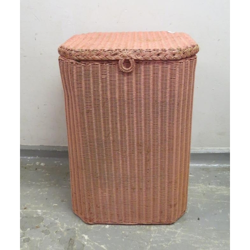 24A - Pink Painted Lloyd Loom Style Laundry Basket, rectangular with canted corners & Circular Plastic Sea... 