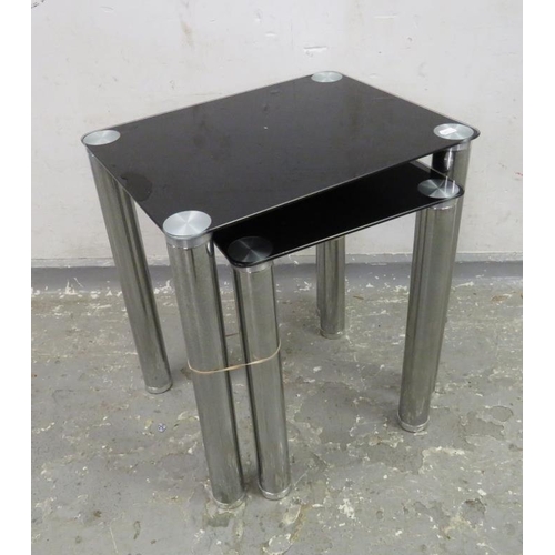 30A - Black Glass Side Table on circular section tubular supports & smaller similar (2) (A10)