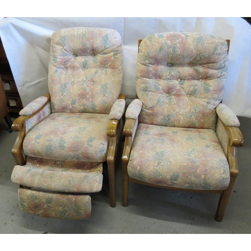 70 - Pair Pink & Blue Upholstered Recliner Armchair with show wood arms and similar armchair (2) (A6/7 F)