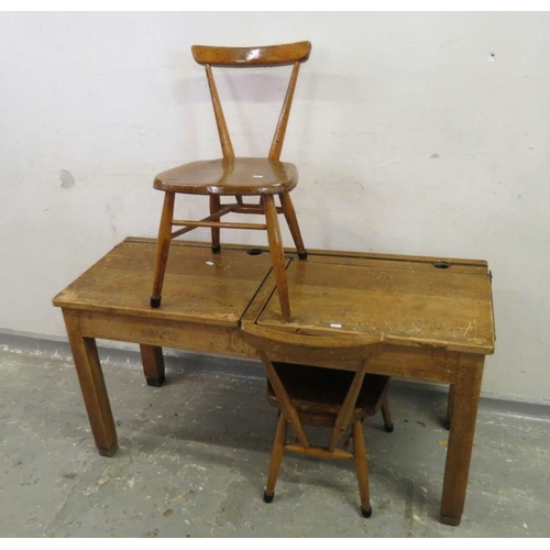 44A - Double Wooden Child School Desk with lift up compartments & 2 Chairs (3) (A6/7 F)