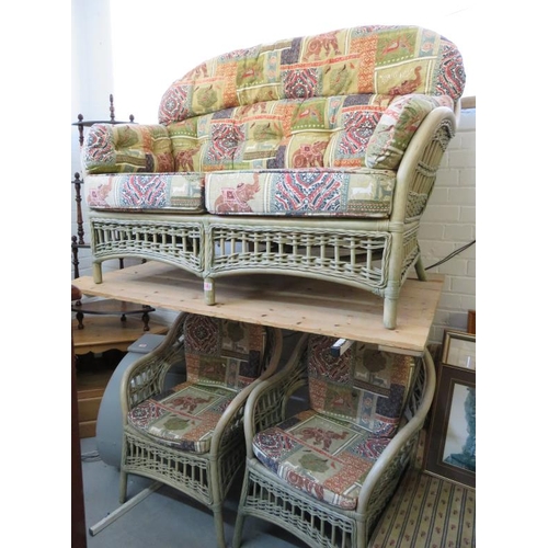 58 - Cane Conservatory Style Sofa/Settee approx. 145cm W x 75cm D & 2 matching armchairs (3) (FWR)