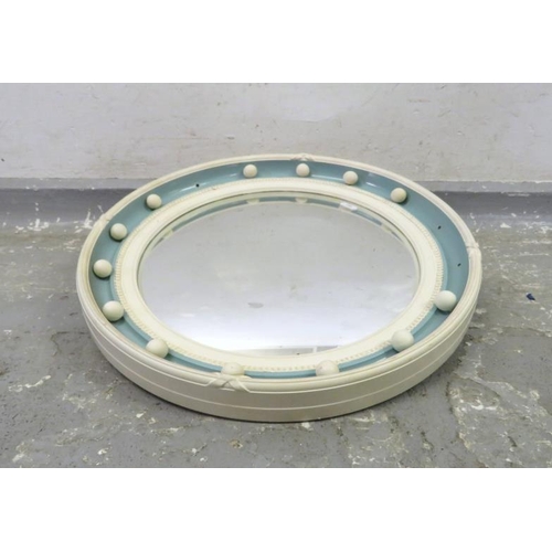 93 - Circular Convex Wall Mirror with painted blue & cream decoration with ball surround (FWR)