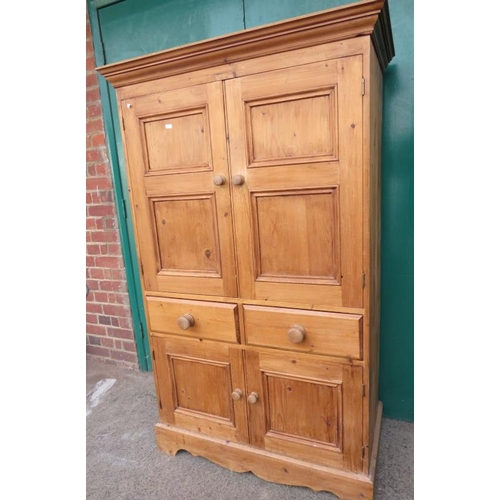 31A - Small Pine Linen Press with pair cupboard doors, 2 short drawers under pair quarter panelled doors o... 