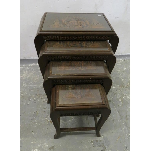 45A - Nest of 4 Oriental Style Tables, with carved knees &  top, inset glass glass (A11)