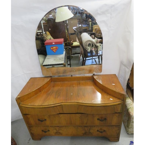 46A - Walnut Veneered 1930's/50's Dressing Table with sunken centre, 3 long drawers with domed mirror over