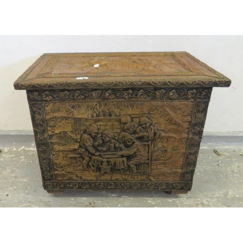 221 - Brass Clad Log/Coal Box with interior drinking scene, hinged lid on castors.
H:28.5xW:27.5xD:41cm (A... 