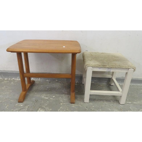 44 - Small Retro Oak Side Table, with single stretcher, 1 of nest & white painted footstool (2) (A5)