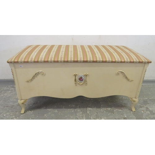 27 - Cream Painted Continental Style Ottoman with pink & gold striped fabric top approx. 105cm W x 47cm D... 