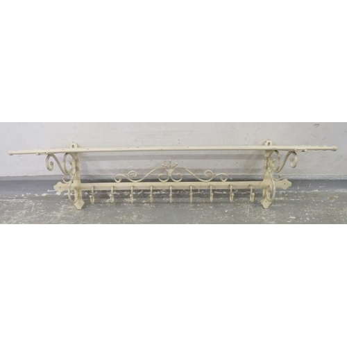 34 - Cream Painted Wrought Iron Wall Mounted Coat Hook & Bag Rack approx. 98cm W x 127cm D, with 9 coat h... 