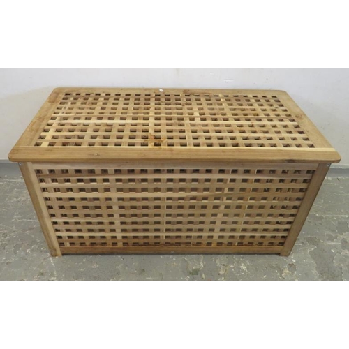 3 - Blonde Wood Ottoman with lattice sides approx. 48.5cm H x 46cm W x 98cm H, with lid (A6/7B)