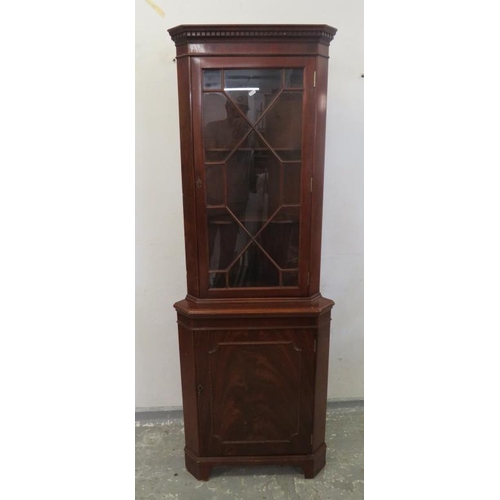 4 - Reproduction Corner Cabinet with glazed top, 2 wooden shelves, single drawer under with key approx. ... 