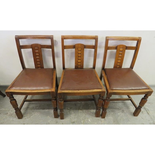 98 - 3 Golden Oak Art Deco Style Side Chairs with turned front supports, broad central splat (3) (A4)