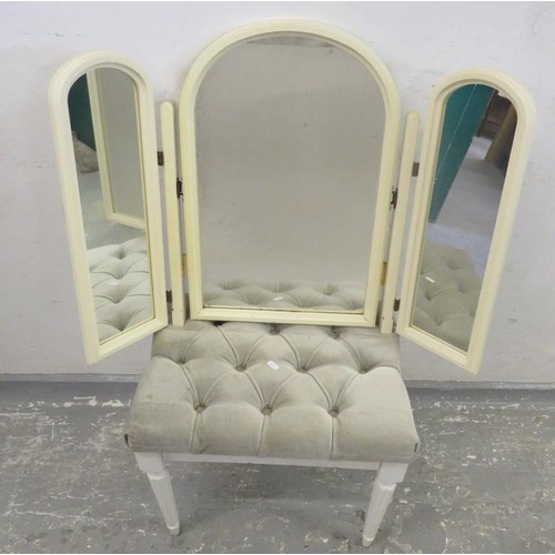 9 - Triple Folding Cream Dressing Table Mirror & White Dressing Table Stool with buttoned grey upholster... 