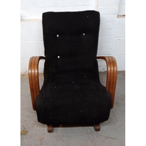 51 - Art Deco Bentwood Rocking Armchair with original black corduroy upholstery