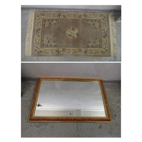 88 - Decorative Framed Wall Mirror with bevel glass & Pink Chinese Rug with decoration of roses (2) (FWL)