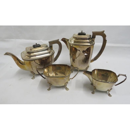 Silver Plated Tea set incl. hot water pot, tea pot & 2 handled sugar with wooden handles on knops on