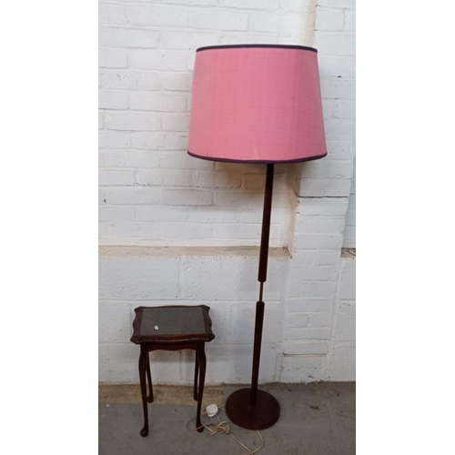 4 - Retro Standard lamp, stained teak column, disc base & Side Table (2)