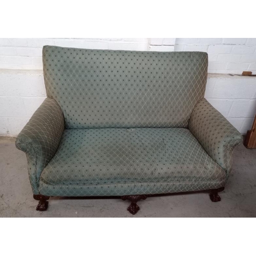 63 - Victorian 2 Seater Green High-backed Sofa on ball & claw carved front supports with scrolling arms F... 