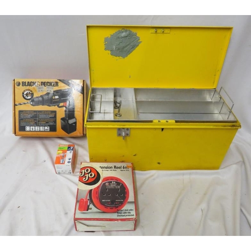 Yellow Lockable Metal ABMS toolbox, extension reel & black & decker twist lok drill (4)