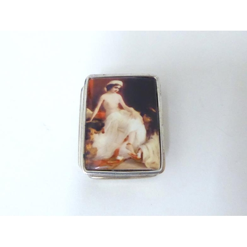 16 - Small Silver & Enamel Pill Box, hinged lid with semi erotic partially nude lady