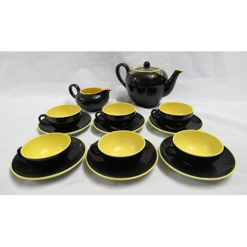 18 - Villeroy & Boch Mettlach Biarritz Black Teapot with yellow interior, 6 cups, saucers & milk jug