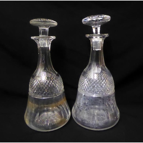 3 - Pair Bell Shaped Crystal Decanters with mushroom shaped stoppers (2)