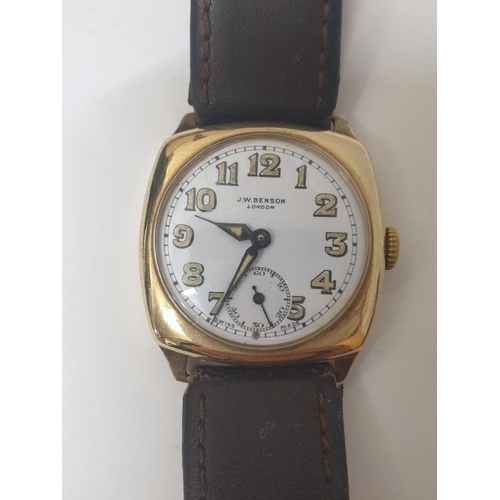 46 - Gents Vintage 9ct Wristwatch by JW Benson, white face, Arabic numerals, secondary seconds dial, hall... 