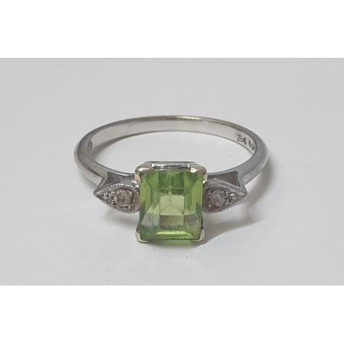 50 - 9ct White Gold & Platinum Peridot & Rose Cut Diamond Ring, square Peridot with diamond set shoulders... 