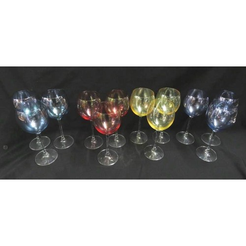 38 - Harlequin Set of Wine Glasses incl. pink, blue, purple & gold (12)