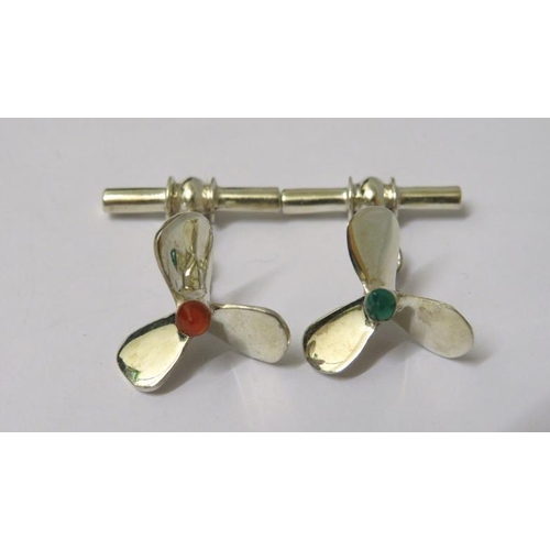 15 - Pair 925 Standard Propeller Cufflinks with links & bars, set orange & green stones marked 925