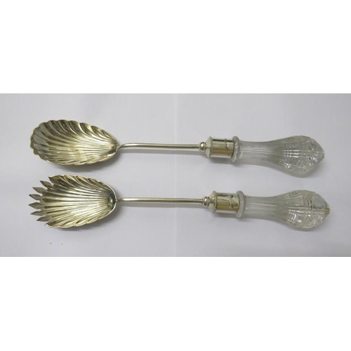 2 - Pair of Shell Shaped Silver Plated Glass Handled Salad Servers