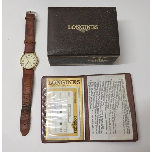 205 - Gents Longines Quartz Wristwatch, leather strap, cream dial, Roman numerals, black hands with second... 