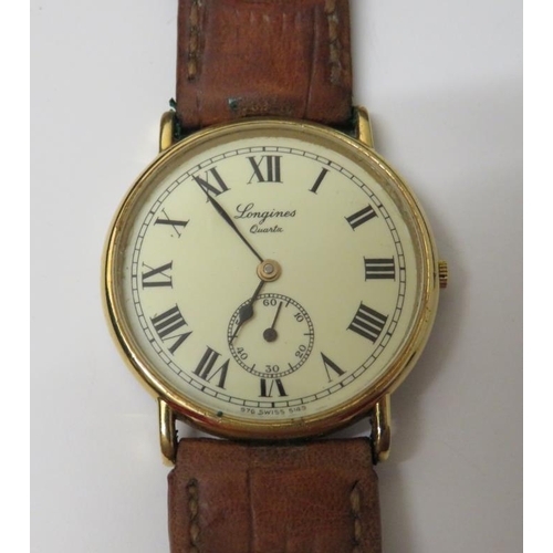 205 - Gents Longines Quartz Wristwatch, leather strap, cream dial, Roman numerals, black hands with second... 