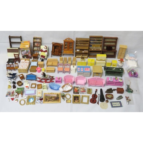 218 - Dolls House Furniture, some vintage, mostly 1/12th scale, bathroom, kitchen, bedrooms & accessories