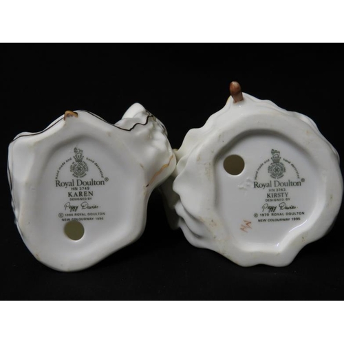 421 - 2 Royal Doulton Small Figurines, HN3473 Kirsty, monogrammed MN approx. 10cm H  & Karen approx. 11cm ... 