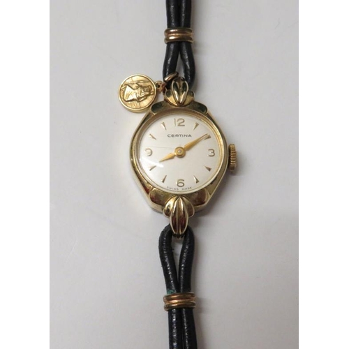 454 - Certina Swiss Made Ladies Wristwatch with 9ct gold charm in Watches of Switzerland Box, leather stra... 